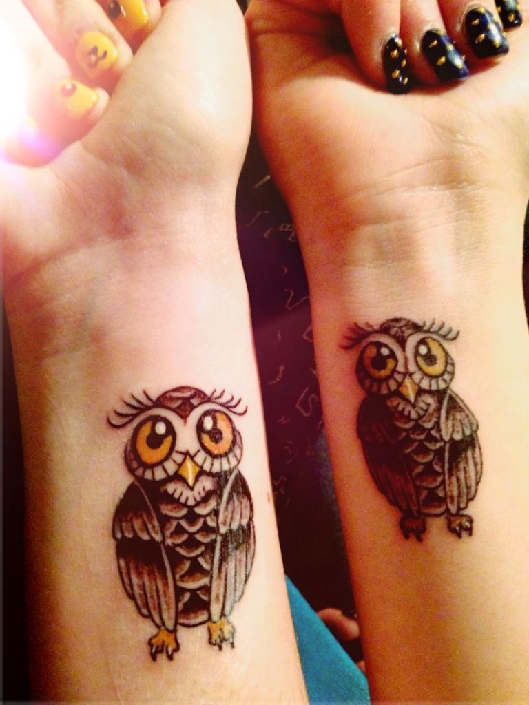 Cute Two Owl Bird Tattoo On Girl Both Wrist