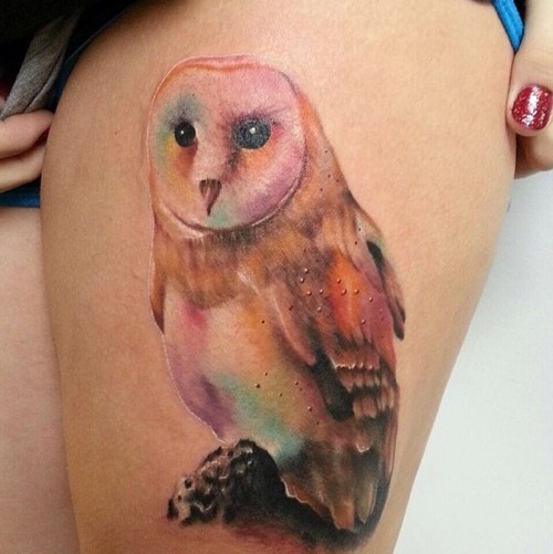 Cute Watercolor Owl Tattoo On Girl Left Thigh