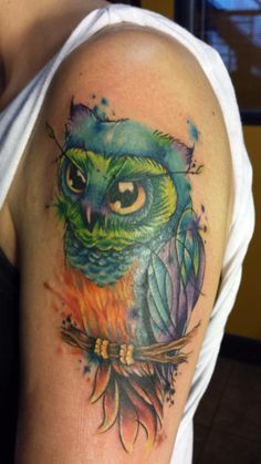 Cute Watercolor Owl Tattoo On Man Left Half Sleeve
