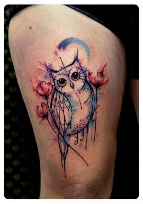 Cute Watercolor Owl With Flowers Tattoo On Right Thigh