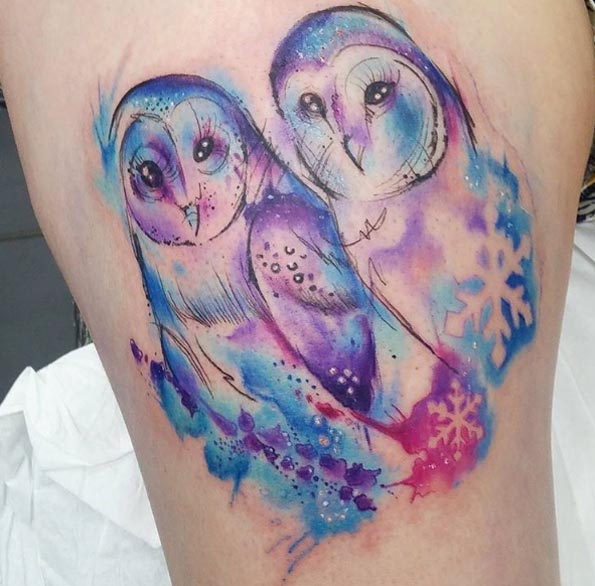 Cute Watercolor Two Owl Tattoo Design For Thigh By Josie Sexton