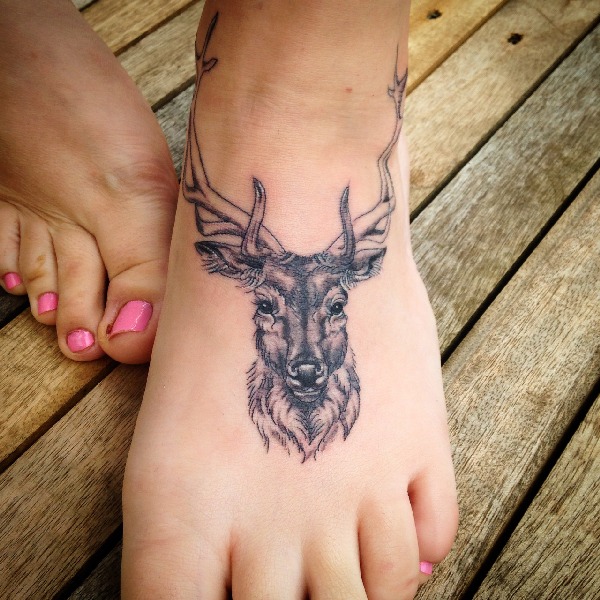 Deer Head Tattoo On Girl Left Foot