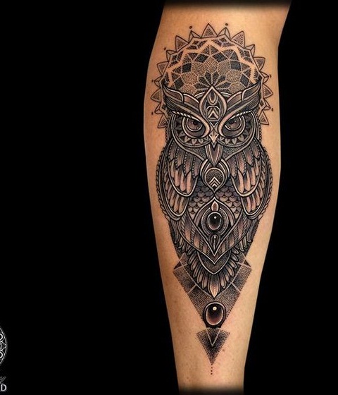 Dotwork Black Ink Owl Tattoo Design For Sleeve