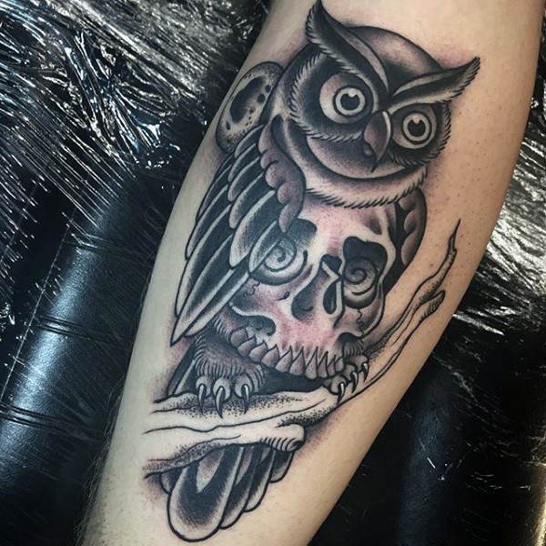 Dotwork Black Ink Owl With Skull Tattoo Design For Leg