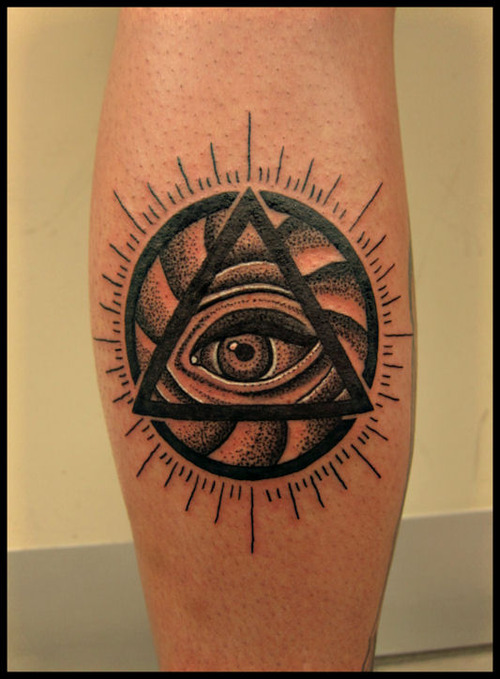 Dotwork Eye In Triangle Tattoo On Leg Calf
