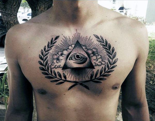 Dotwork Eye In Triangle Tattoo On Man Chest