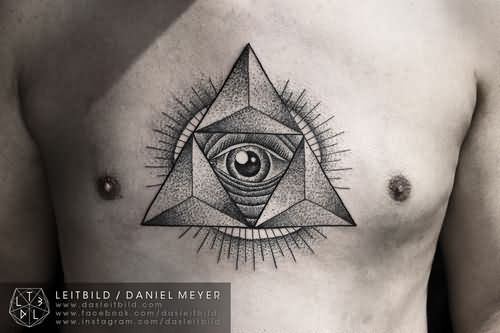 Dotwork Eye With Three Triangle Tattoo On Man Chest