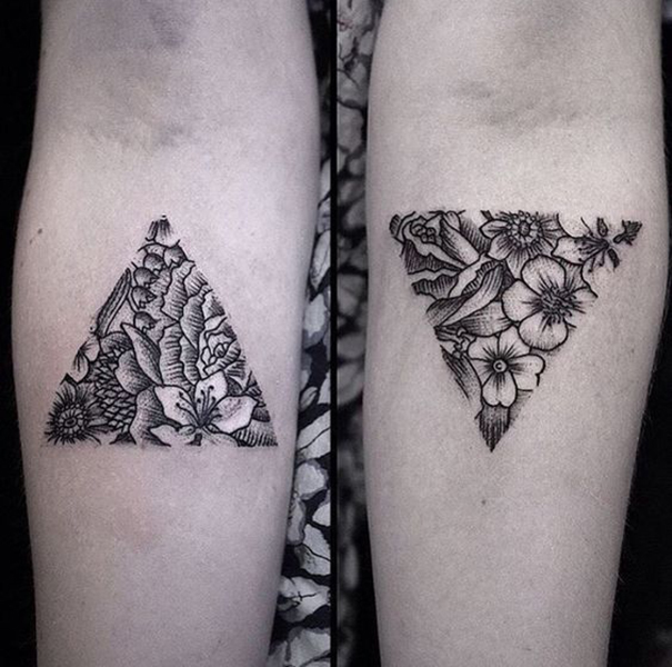 Dotwork Flowers In Upside Down Triangle Tattoo On Forearm