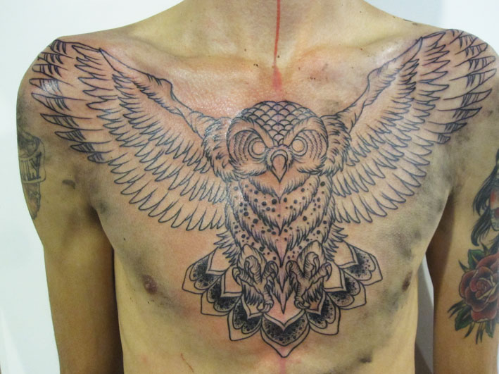 Dotwork Flying Owl Tattoo On Man Chest