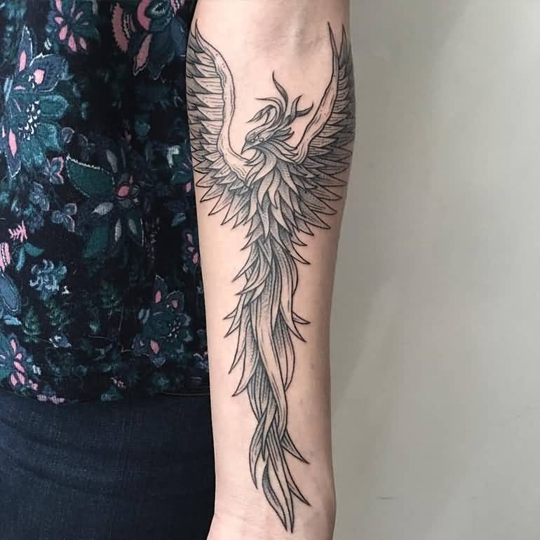 Dotwork Flying Phoenix Tattoo On Left Forearm