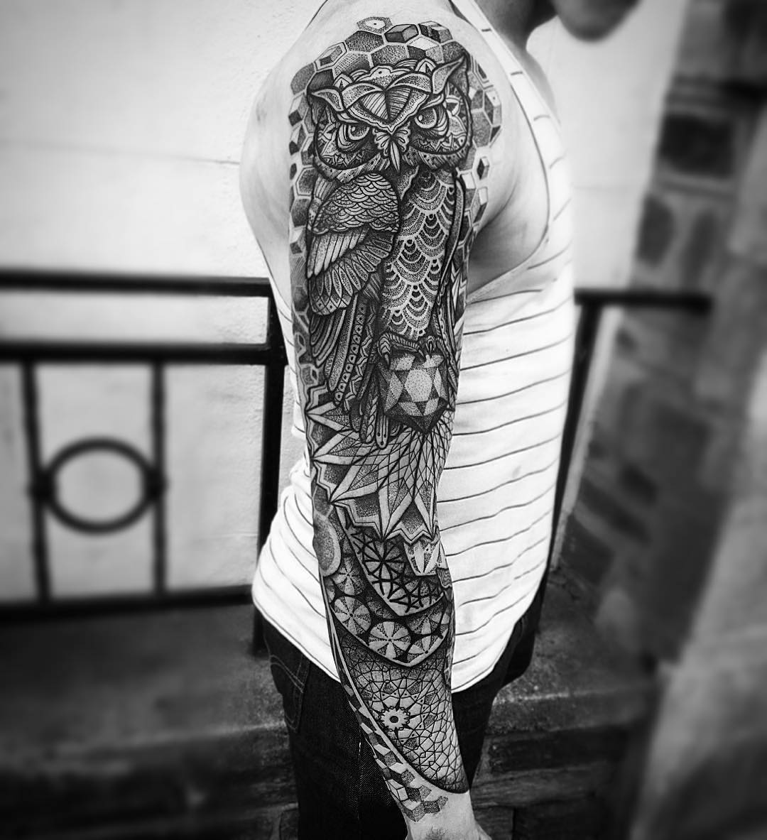 Dotwork Geometric Owl With Flowers Tattoo On Man Right Full Sleeve
