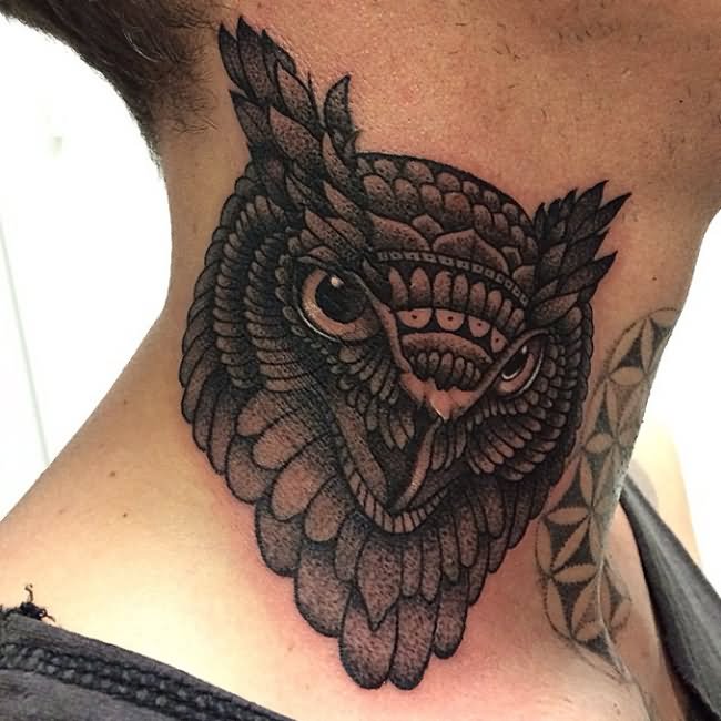 Dotwork Owl Tattoo On Man Neck