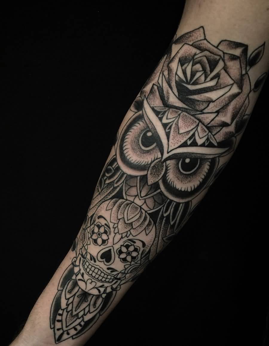 Dotwork Owl With Sugar Skull And Rose Tattoo On Full Sleeve