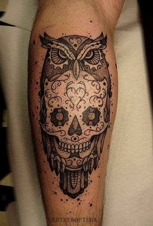 Dotwork Owl With Sugar Skull Tattoo Design For Leg Calf By Andreyh Sousa