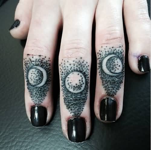 Dotwork Phases Of The Moon Tattoo On Girl Fingers