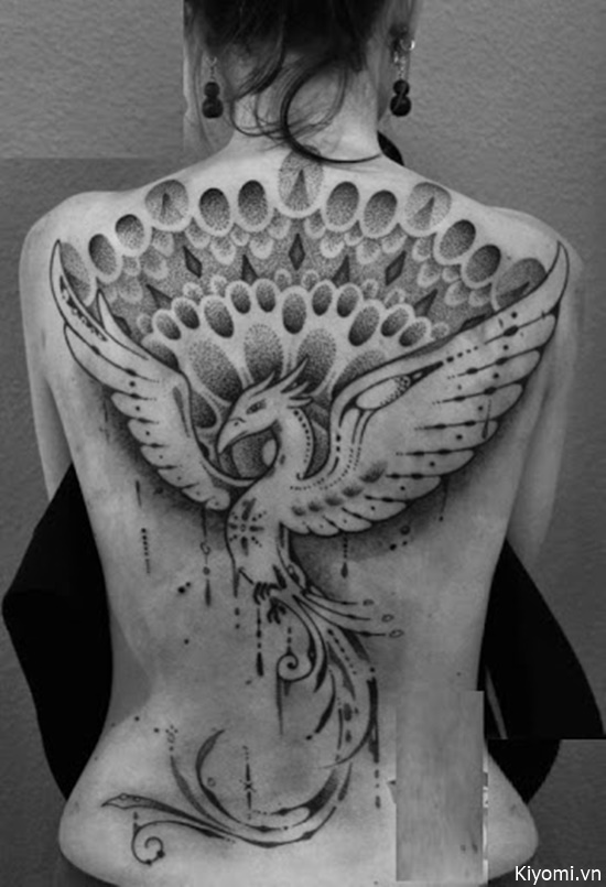 Dotwork Phoenix Tattoo On Girl Full Back