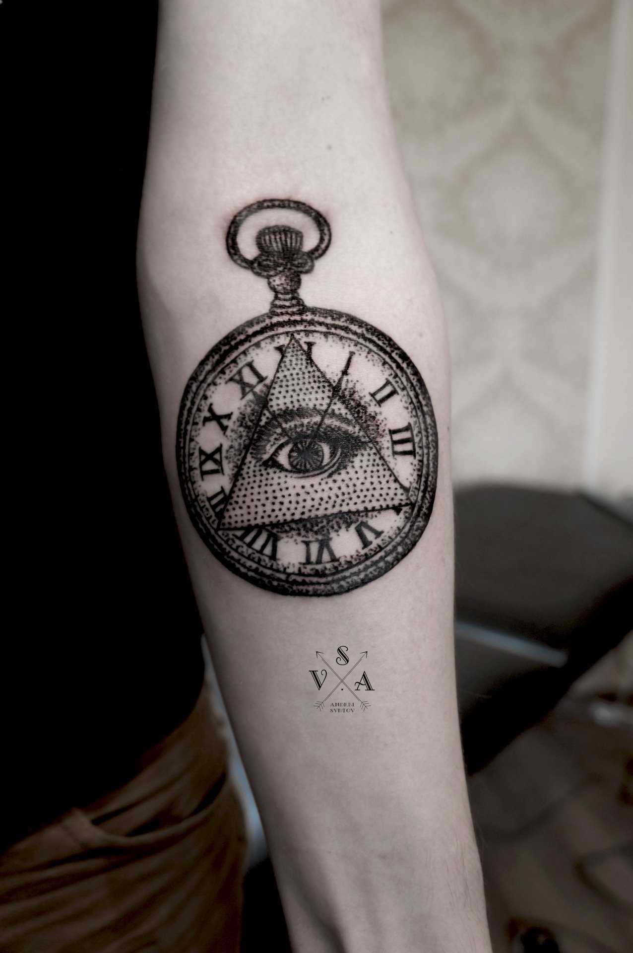 Dotwork Triangle Eye In Pocket Watch Tattoo On Left Forearm By Andrey Svetov