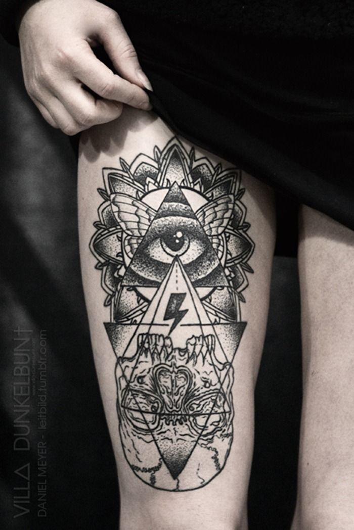 Dotwork Triangle Eye With Skull Tattoo On Girl Right Thigh