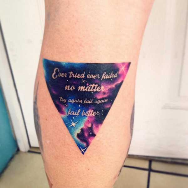 Ever Tried Ever Failed No Matter Try Again Fail Better - Galaxy In Upside Down Triangle Tattoo Design For Leg