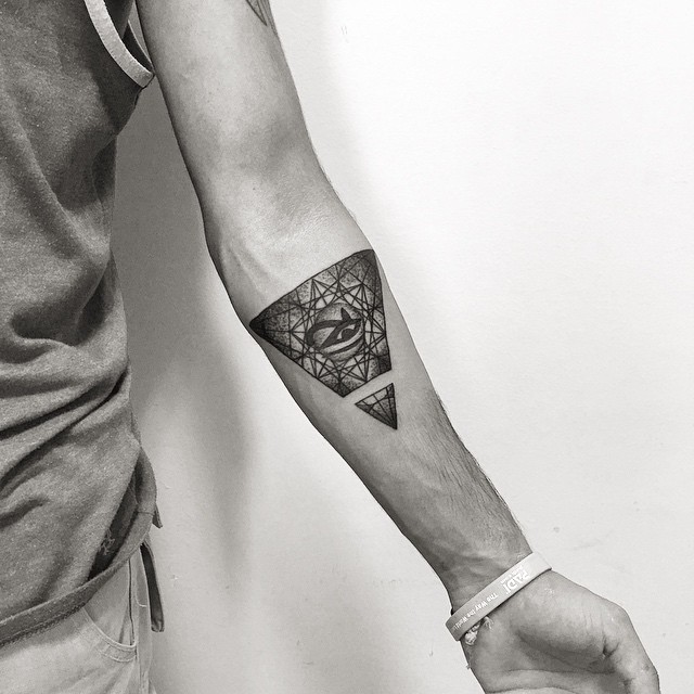 Eye Of Horus In Upside Down Triangle Tattoo On Left Forearm By Roma Micheev