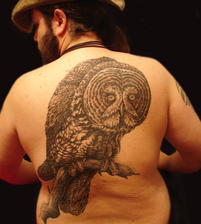 Fantastic Black Ink Owl Tattoo On Man Full Back