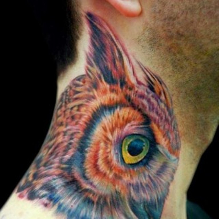 Fantastic Owl Tattoo On Man Side Neck
