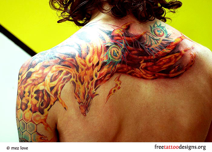 Flaming Phoenix Tattoo On Man Left Back Shoulder
