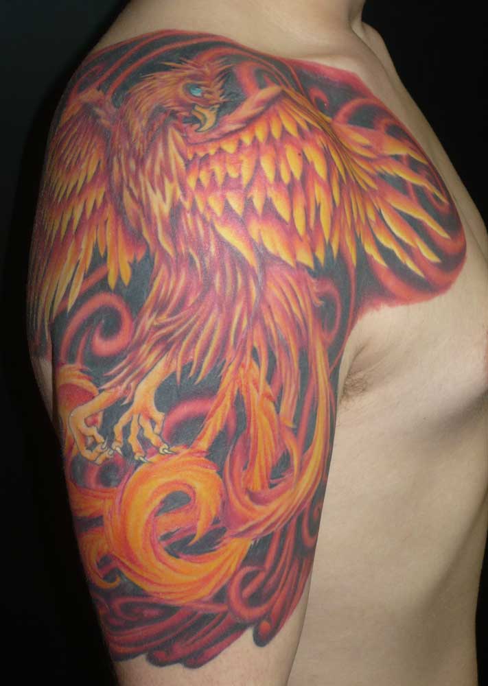Flaming Phoenix Tattoo On Man Right Half Sleeve