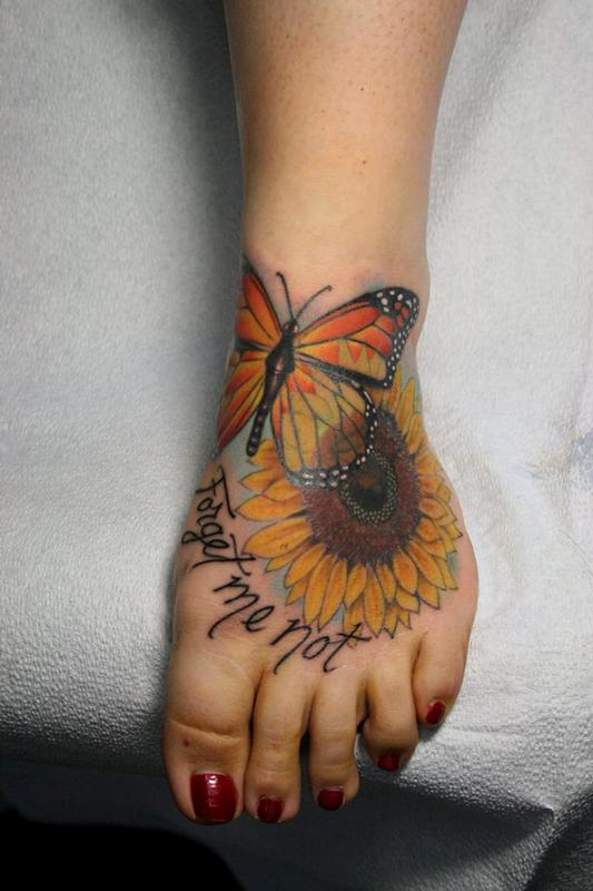 Forget Me Not Sun Flower And Butterfly Foot Tattoo
