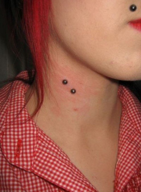 Front Neck Piercing With Small Black Barbell
