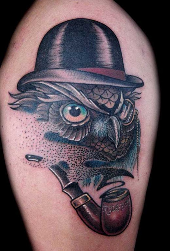 Gentleman Owl Head With Smoking Pipe Tattoo Design For Half Sleeve