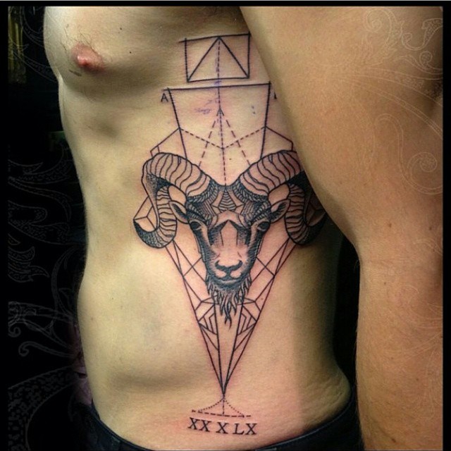 Geometric Aries Zodiac Sign Tattoo On Man Left Side Rib