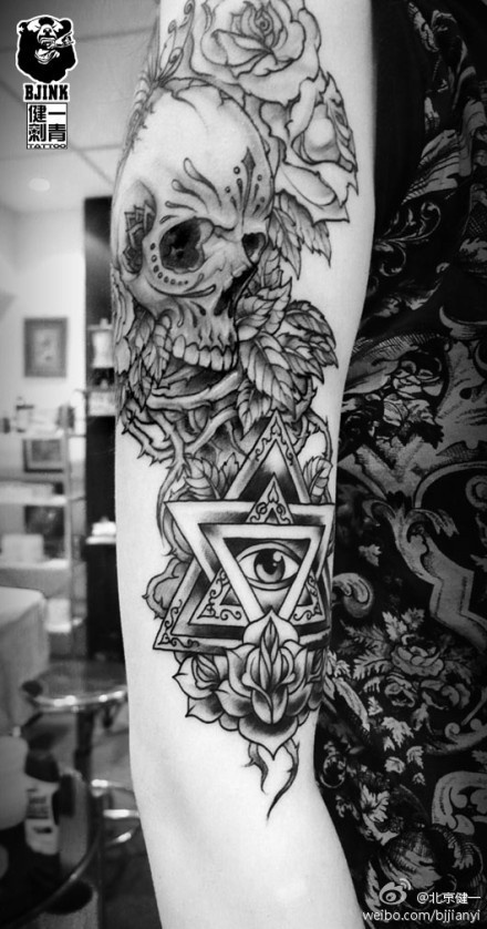 Geometric Triangle Eye With Skull And Flowers Tattoo On Right Half Sleeve
