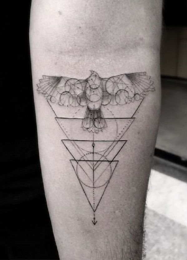 Geometric Upside Down Triangles With Bird Tattoo On Forearm By Dr Woo