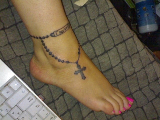 Girl Showing Her Cute Rosary Foot Tattoo