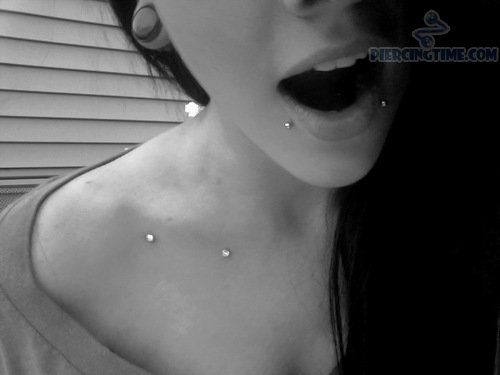 Girl With Lower Lip And Clavicle Piercings With Dermal Anchors