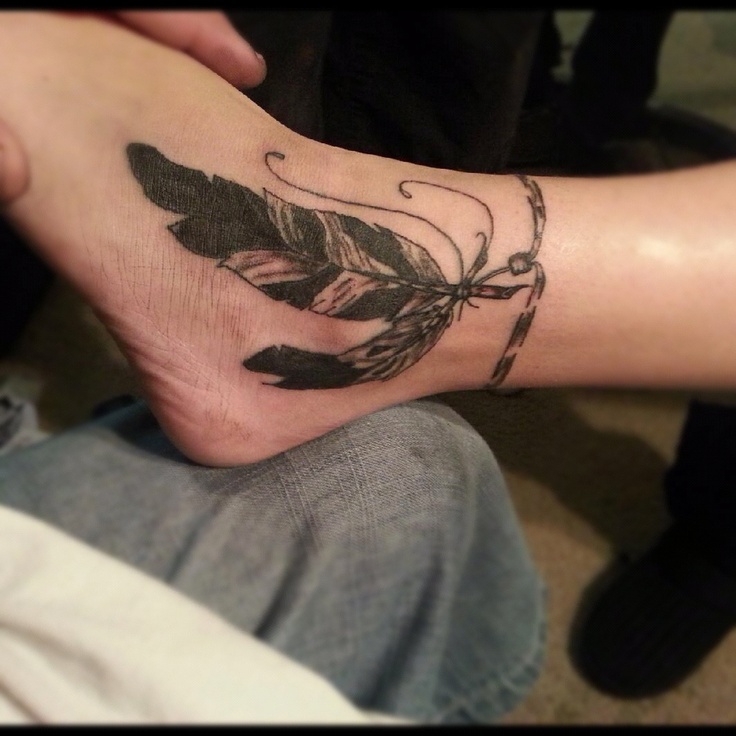 Grey And Black Ink Indian Feather Ankle Tattoo