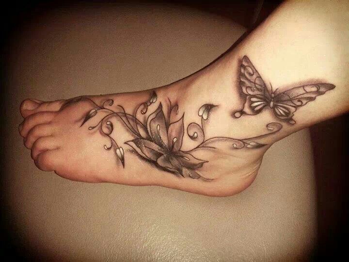 Grey Butterflies Tattoos On Left Foot