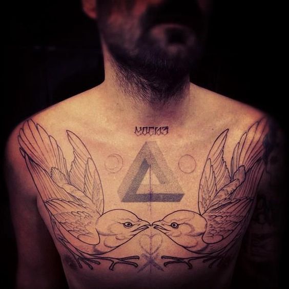 Grey Ink 3D Penrose Triangle With Birds Tattoo On Man Chest