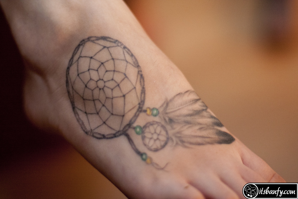 Grey Ink Dreamcatcher Ankle Tattoo For Girls