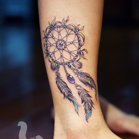 Grey Ink Dreamcatcher Ankle Tattoo Idea