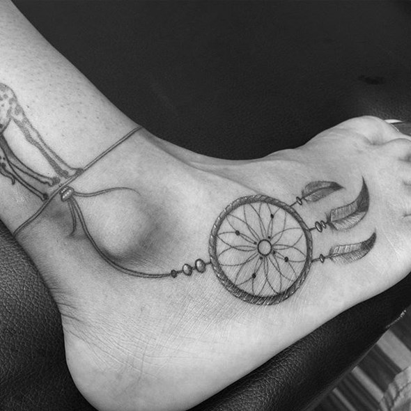Grey Ink Dreamcatcher Ankle Tattoo