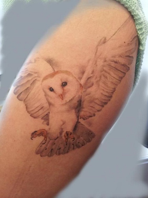 Grey Ink Flying Owl Tattoo Design For Half Sleeve