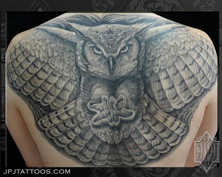 Grey Ink Flying Owl Tattoo On Upper Back