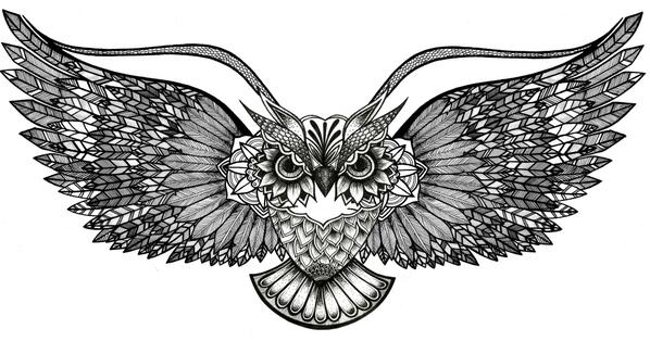Grey Ink Geometric Flying Owl Tattoo Design