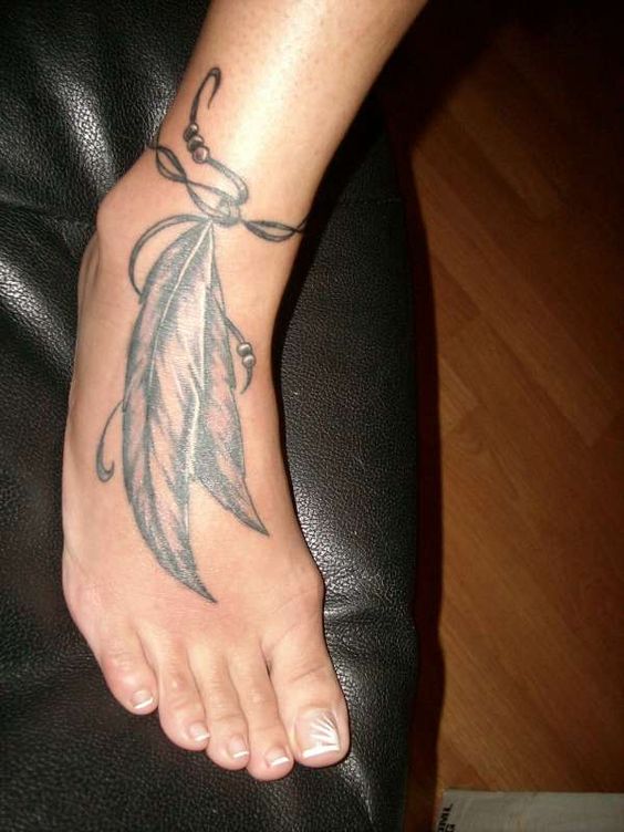 Grey Ink Indian Feather Ankle Tattoo Idea