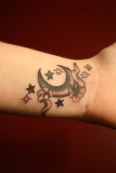 Grey Ink Moon and Wrist Star Tattoos