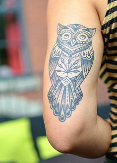 Grey Ink Owl Tattoo On Left Upper Arm