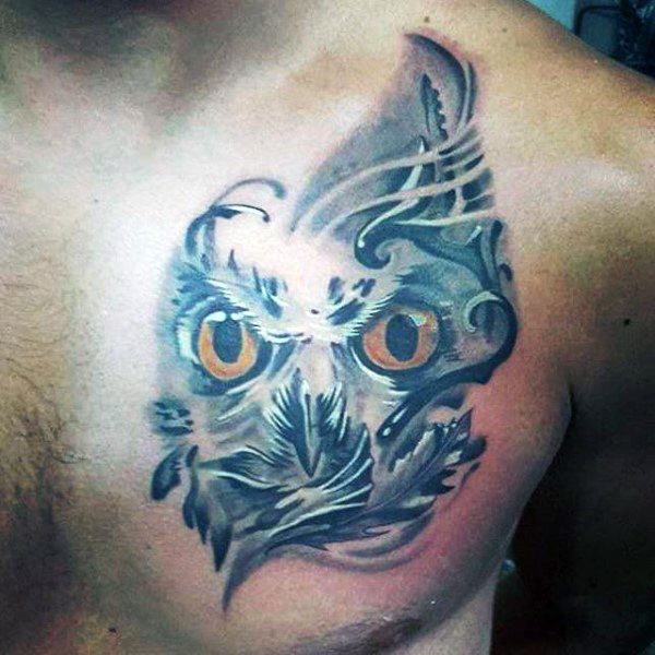 Grey Ink Owl Tattoo On Man Left Chest