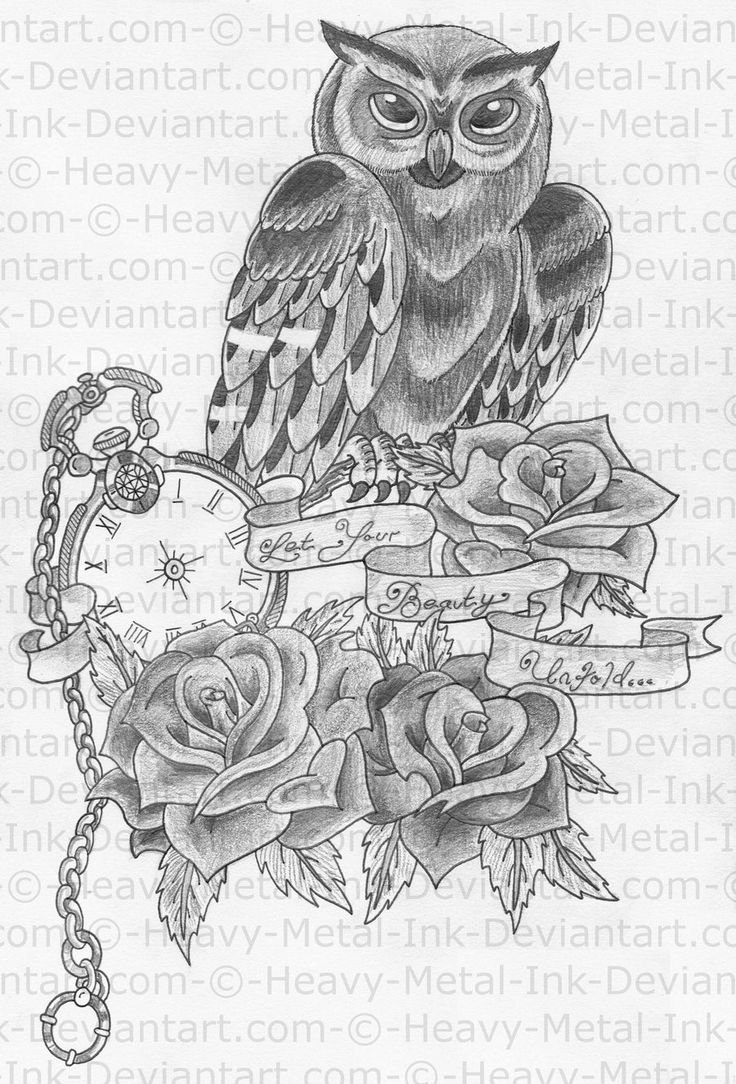 Grey Ink Owl With Pocket Watch And Roses Tattoo Design